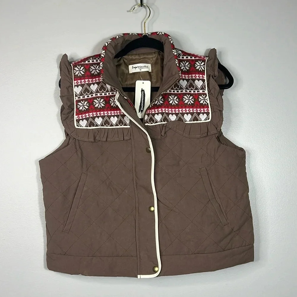 Impressions Coffee Brown Knit Vest with Gingerbread Print - Size Medium - NWT